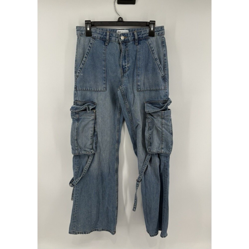 Zara Y2K Cargo Leg Strap Jeans Womens 4 Lt Wash Grunge Wide Leg Baggy Streetwear